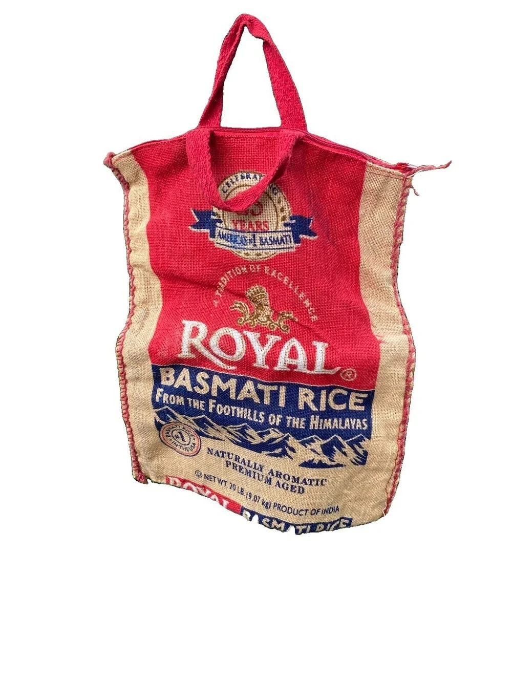 Royal Basmati Empty Rice Bag Burlap Sack Craft Carrying Tote Bag Zipper Handles